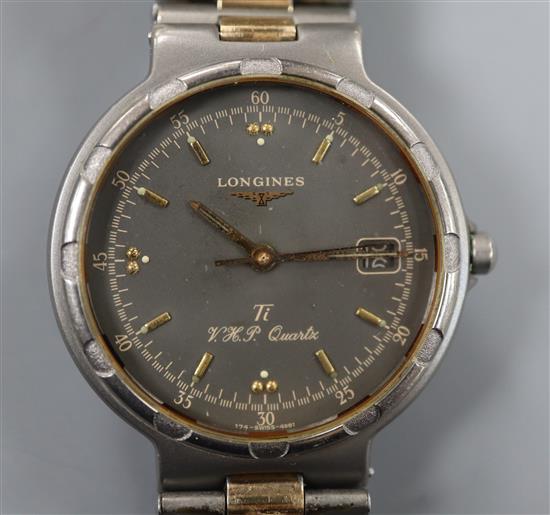 A gentlemans Longines Conquest Ti VHP quartz wrist watch.